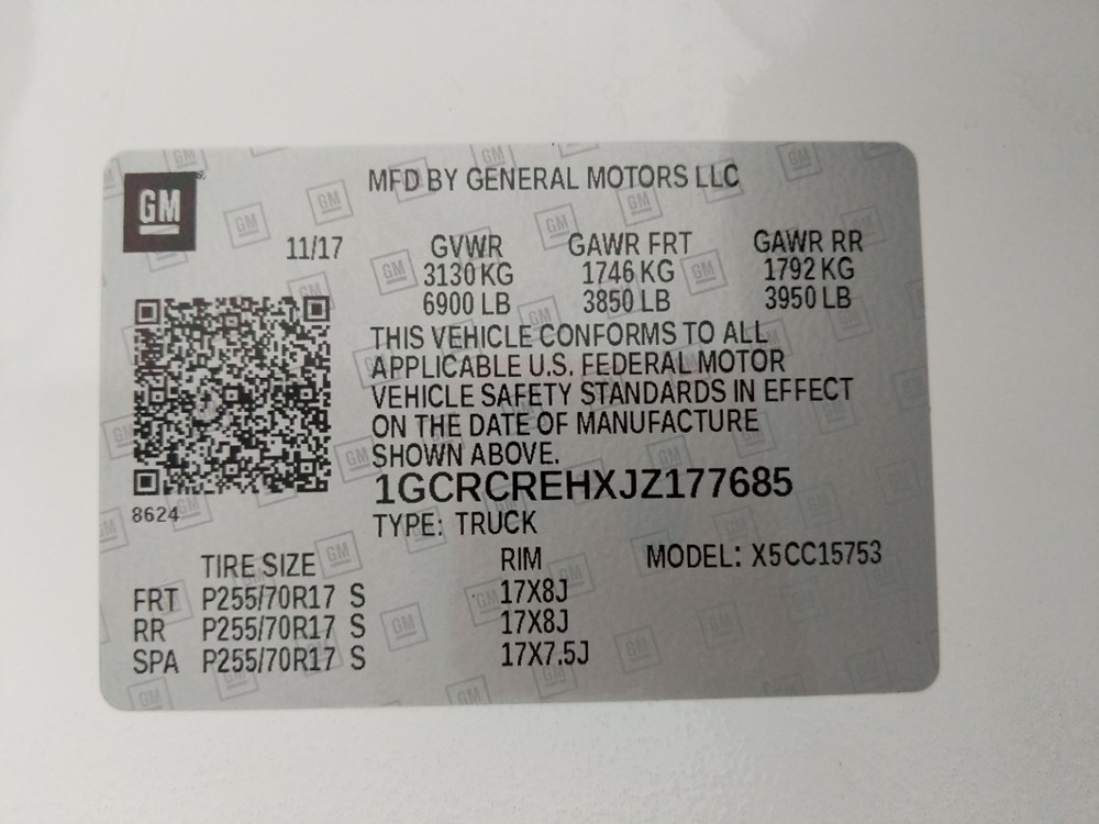 2018 Chevrolet Silverado 1500 - VIN Plate