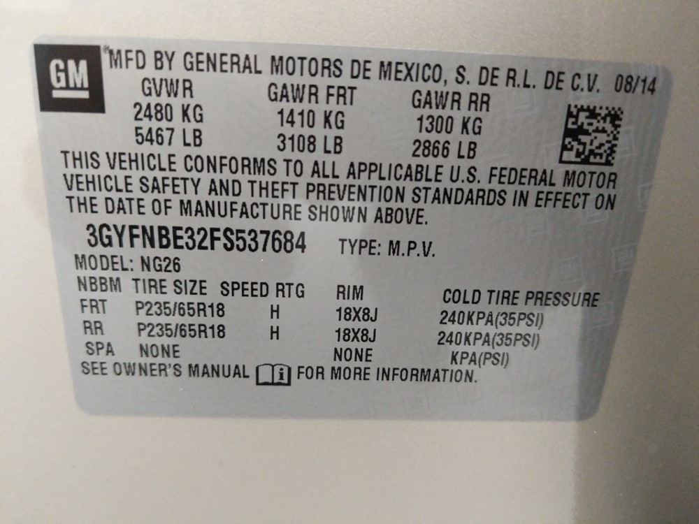 2015 Cadillac SRX - VIN Plate