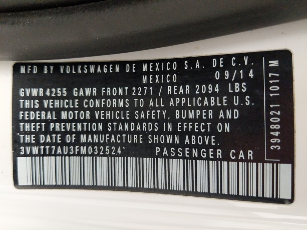 2015 Volkswagen Golf - VIN Plate