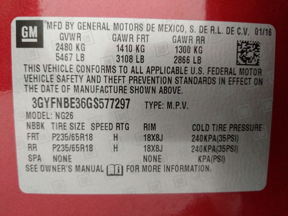 2016 Cadillac SRX - VIN Plate