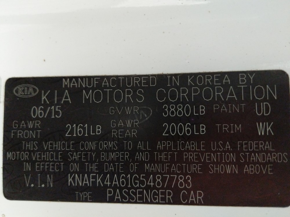 2016 Kia Forte - VIN Plate