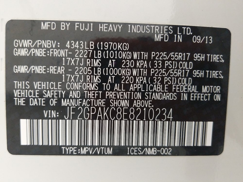 2014 Subaru XV Crosstrek - VIN Plate