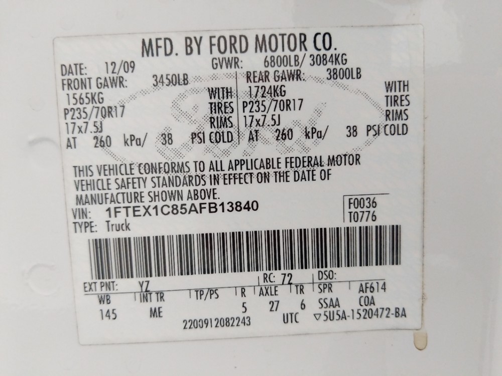 2010 Ford F-150 - VIN Plate