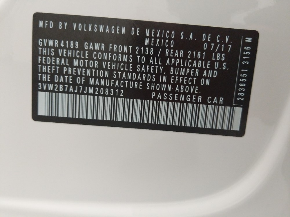 2018 Volkswagen Jetta - VIN Plate