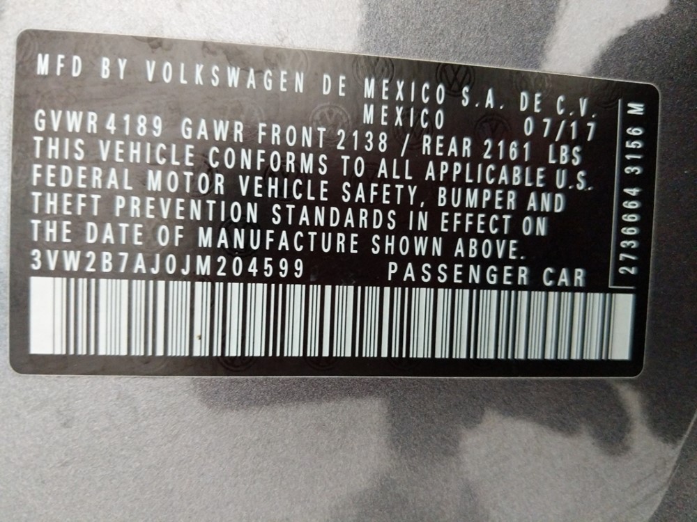 2018 Volkswagen Jetta - VIN Plate