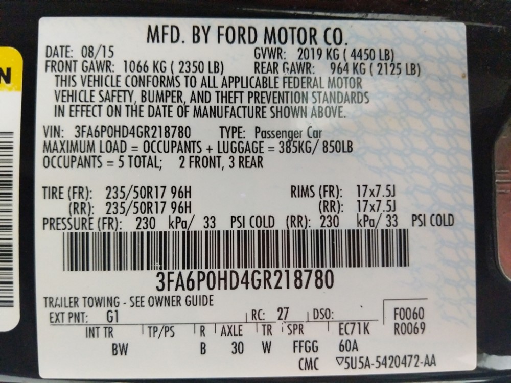 2016 Ford Fusion - VIN Plate