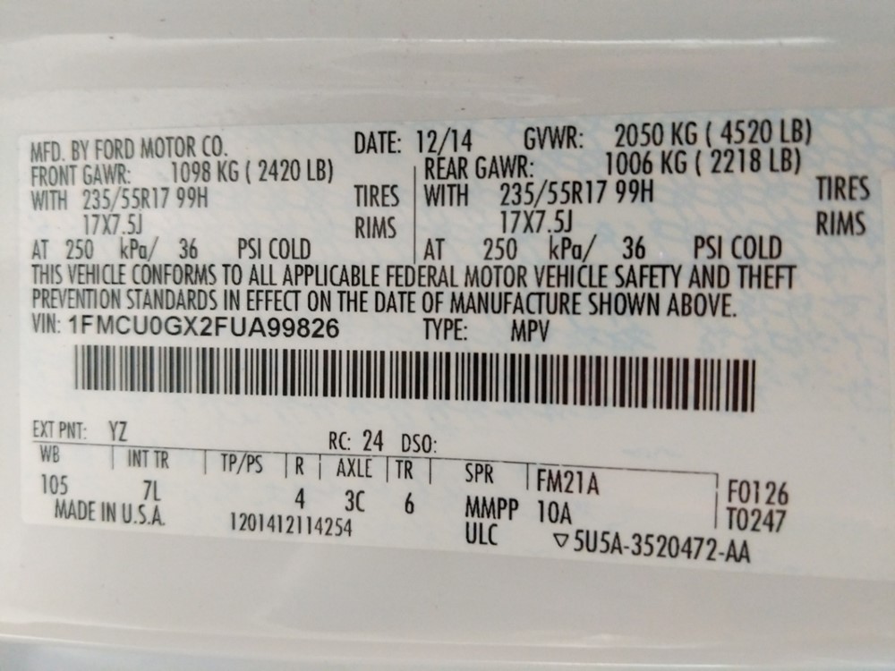 2015 Ford Escape - VIN Plate