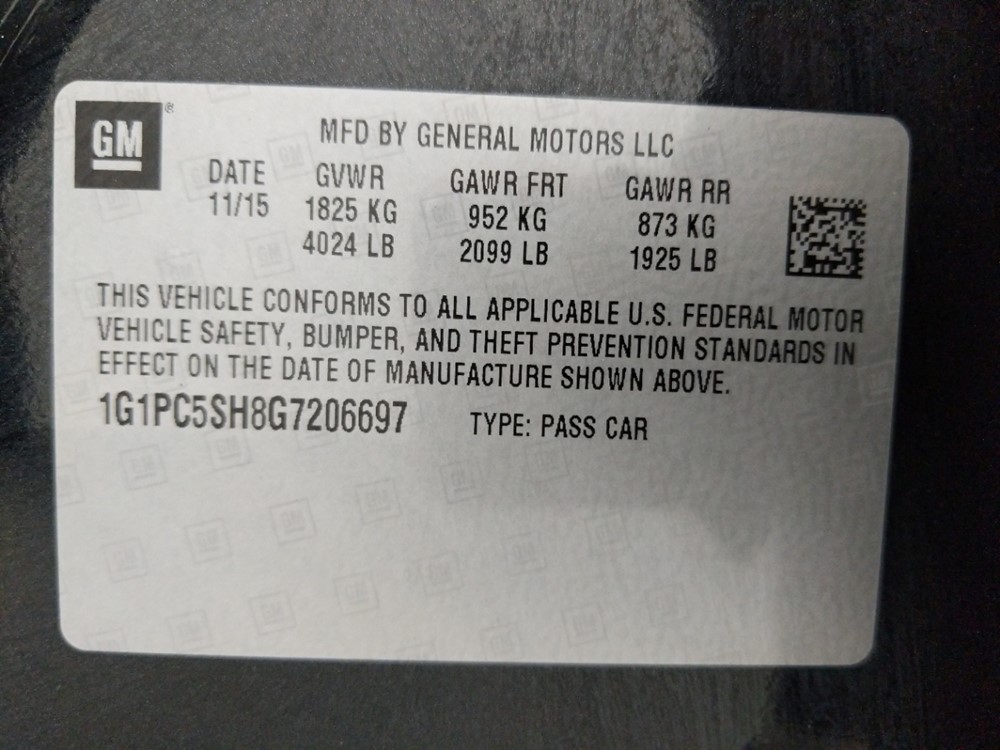 2016 Chevrolet Cruze - VIN Plate