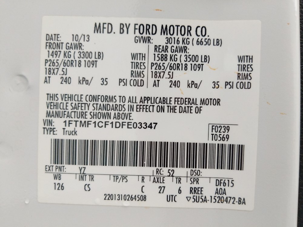 2013 Ford F-150 - VIN Plate