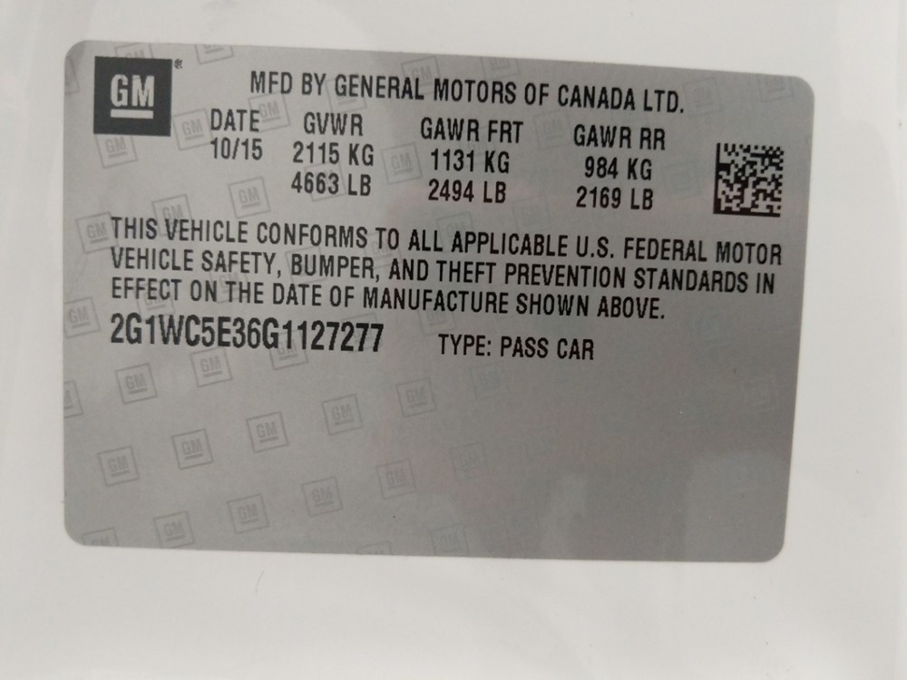 2016 Chevrolet Impala - VIN Plate