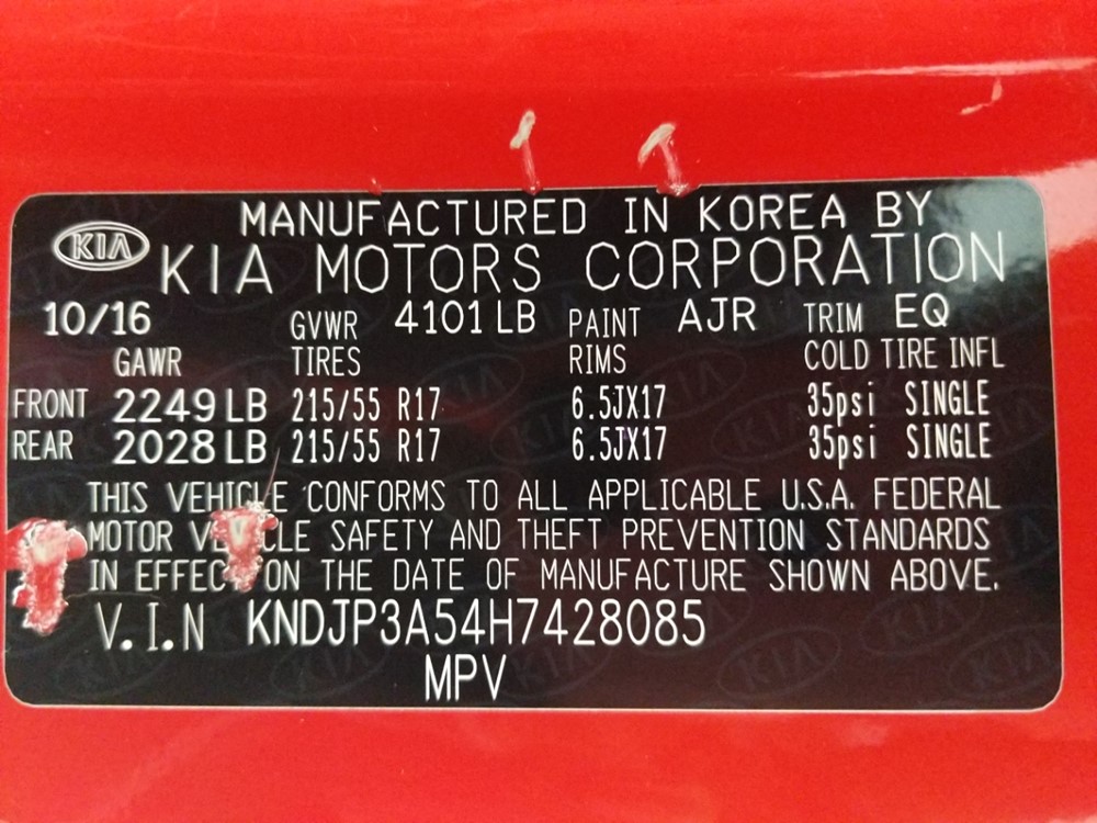 2017 Kia Soul - VIN Plate