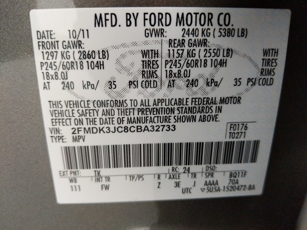 2012 Ford Edge - VIN Plate