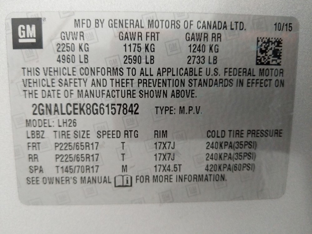 2016 Chevrolet Equinox - VIN Plate