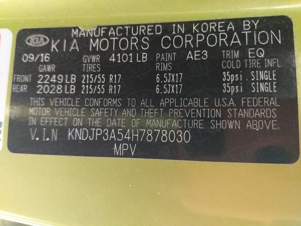 2017 Kia Soul - VIN Plate