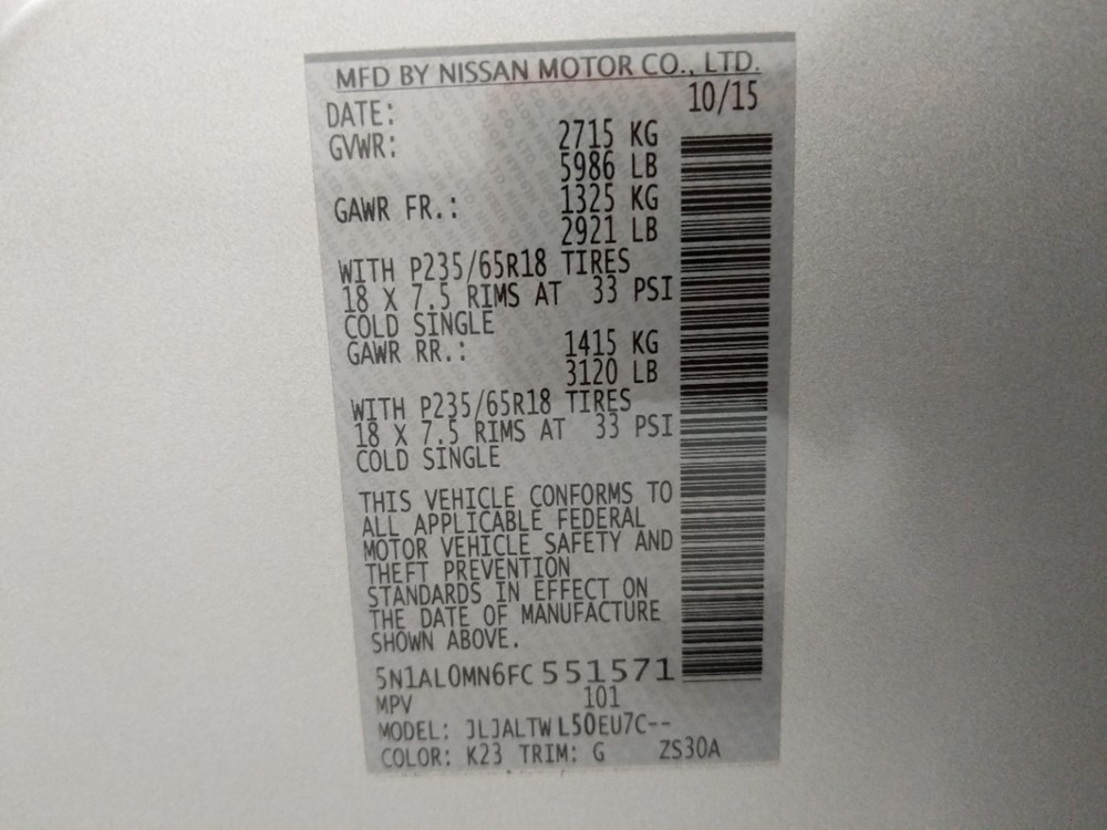 2015 INFINITI QX60 - VIN Plate
