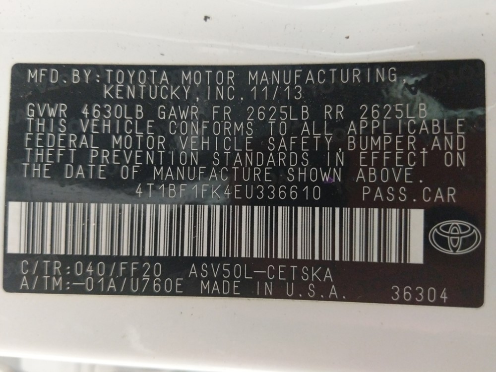 2014 Toyota Camry - VIN Plate