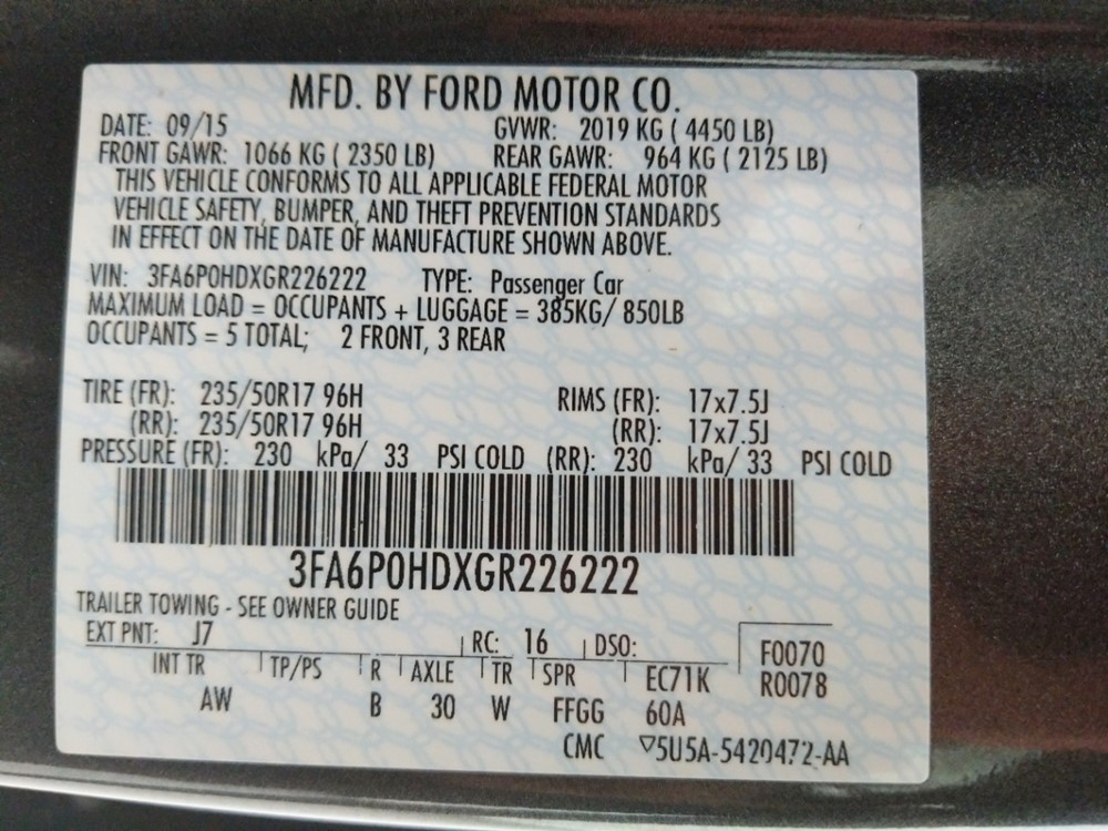 2016 Ford Fusion - VIN Plate