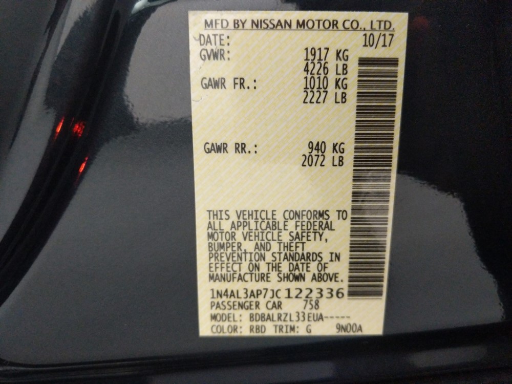 2018 Nissan Altima - VIN Plate