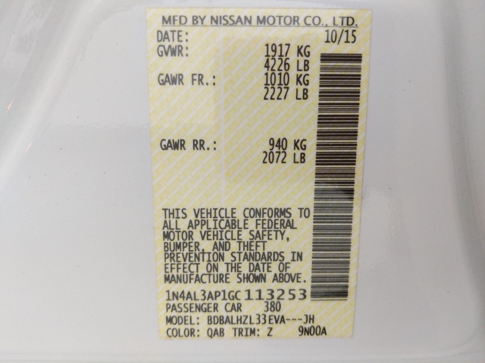 2016 Nissan Altima - VIN Plate