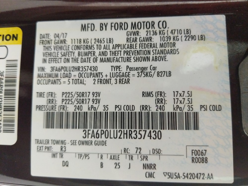 2017 Ford Fusion - VIN Plate