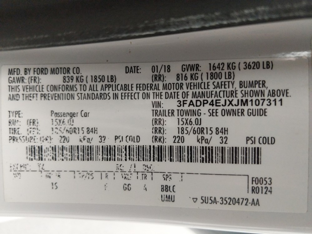 2018 Ford Fiesta - VIN Plate