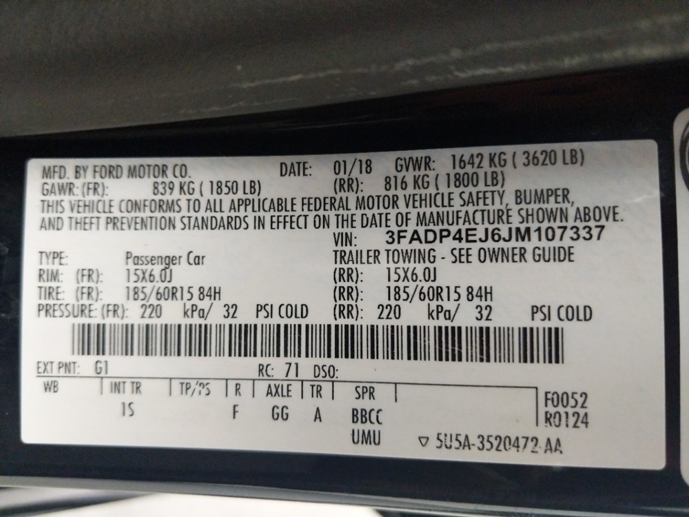 2018 Ford Fiesta - VIN Plate