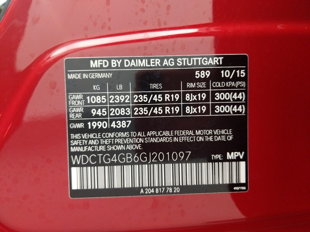 2016 Mercedes-Benz GLA250 - VIN Plate