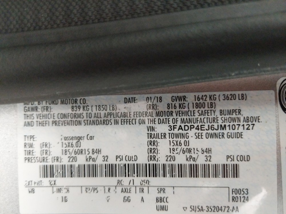2018 Ford Fiesta - VIN Plate
