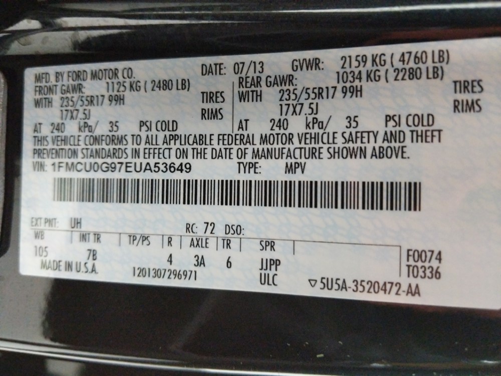 2014 Ford Escape - VIN Plate