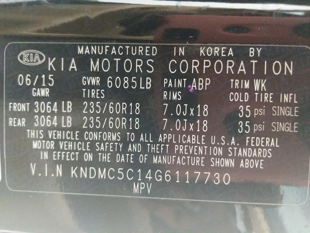 2016 Kia Sedona - VIN Plate