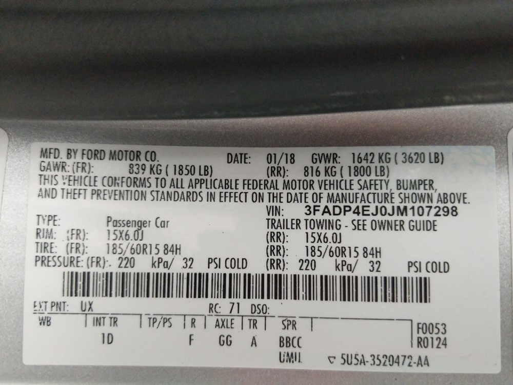 2018 Ford Fiesta - VIN Plate