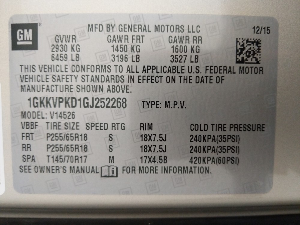 2016 GMC Acadia - VIN Plate
