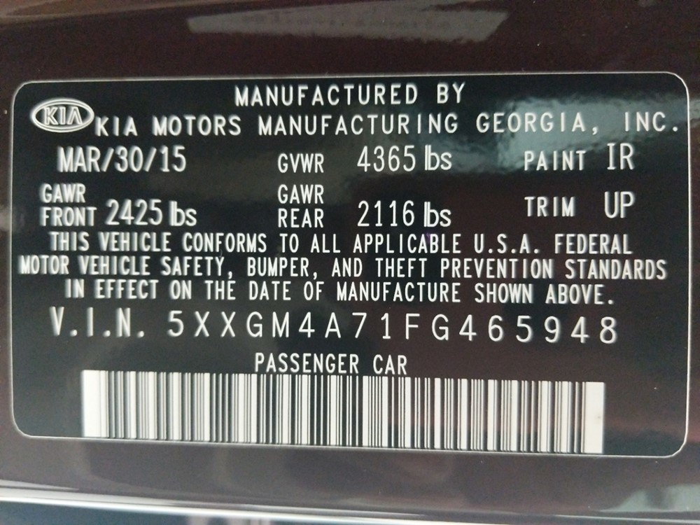 2015 Kia Optima - VIN Plate