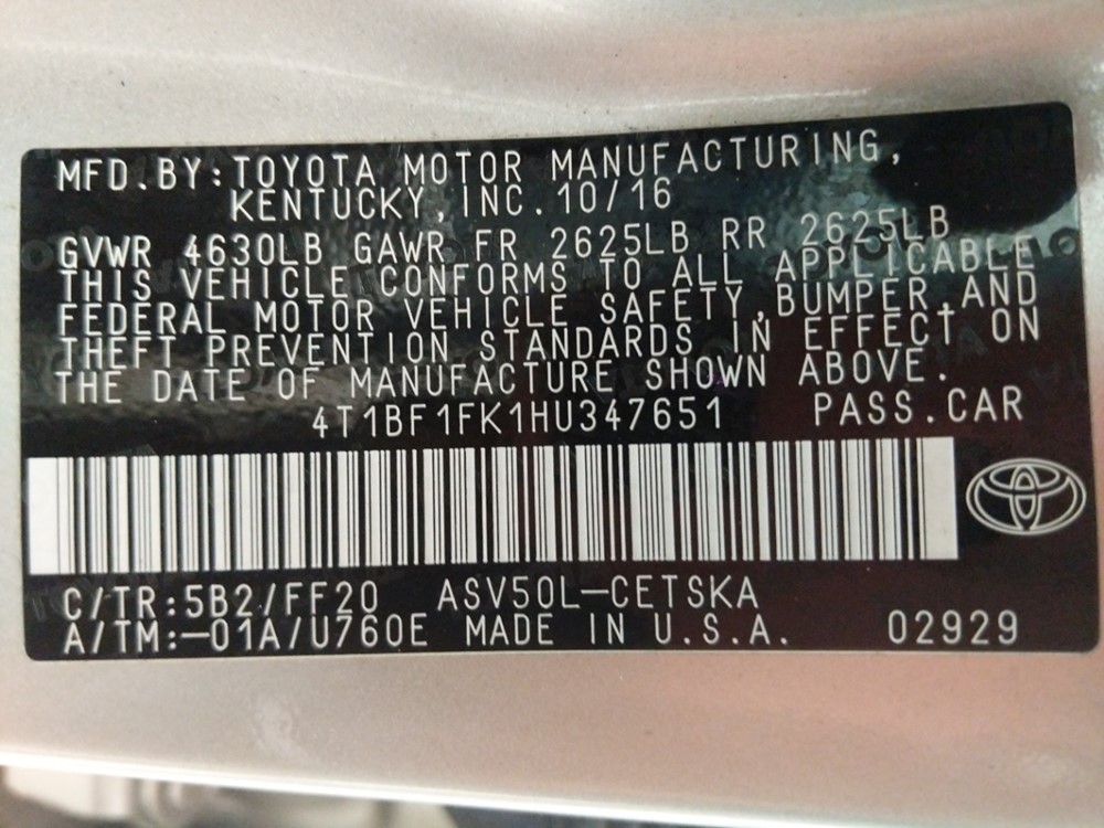 2017 Toyota Camry - VIN Plate