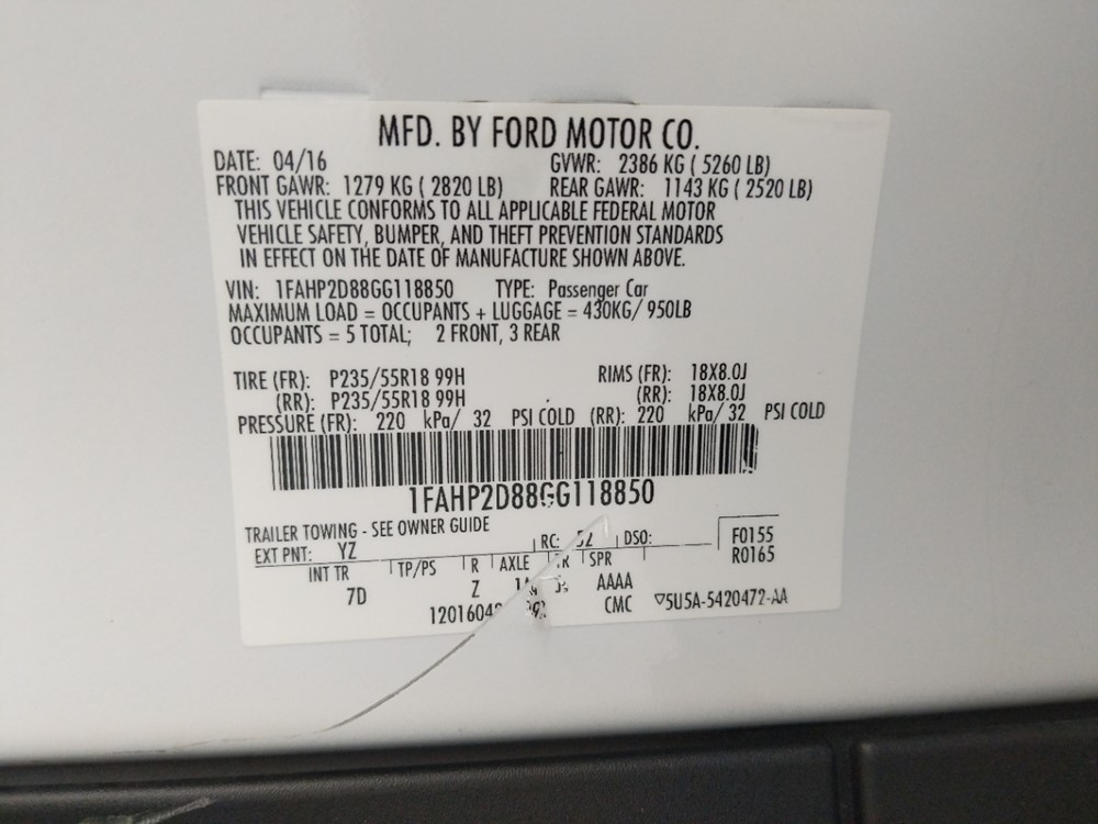2016 Ford Taurus - VIN Plate