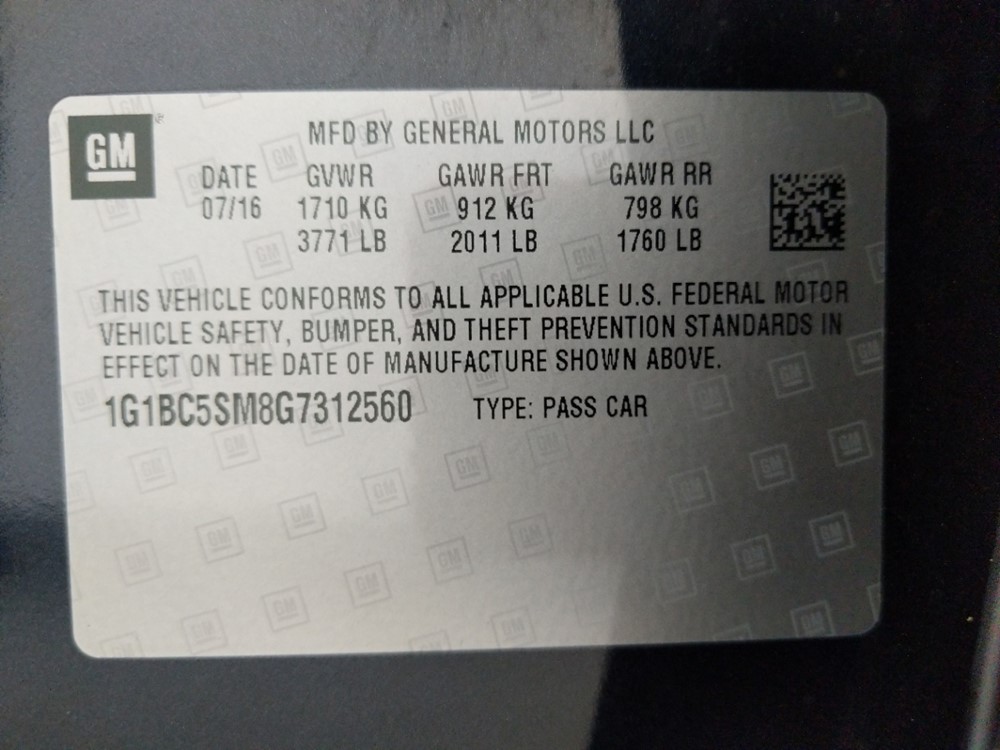 2016 Chevrolet Cruze - VIN Plate