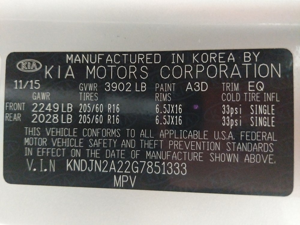 2016 Kia Soul - VIN Plate