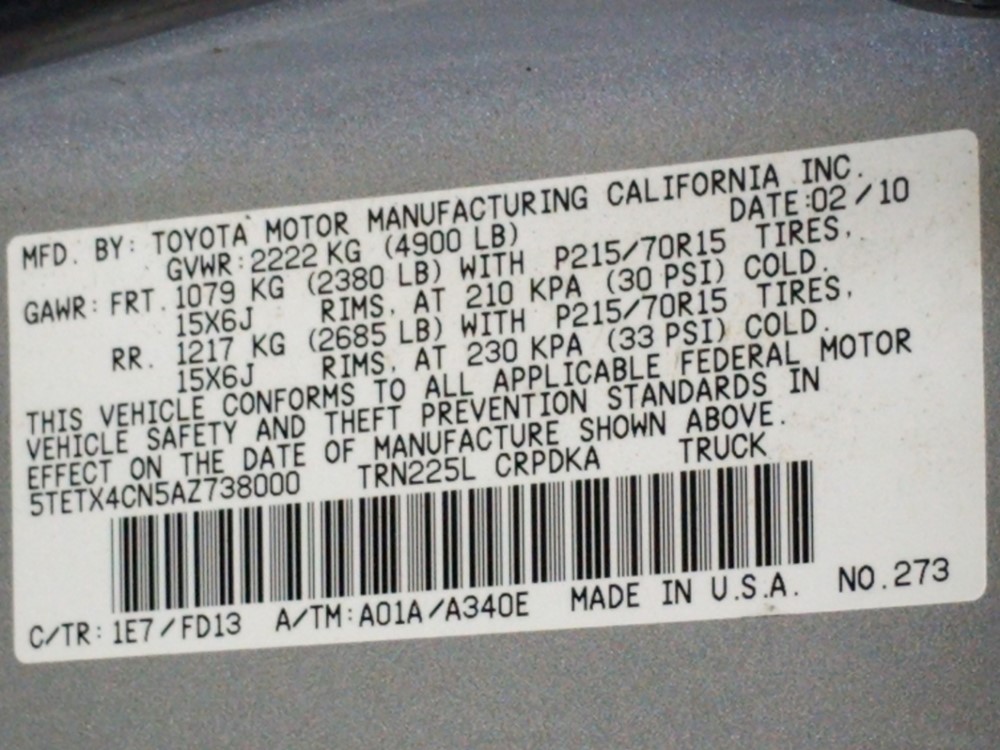 2010 Toyota Tacoma - VIN Plate