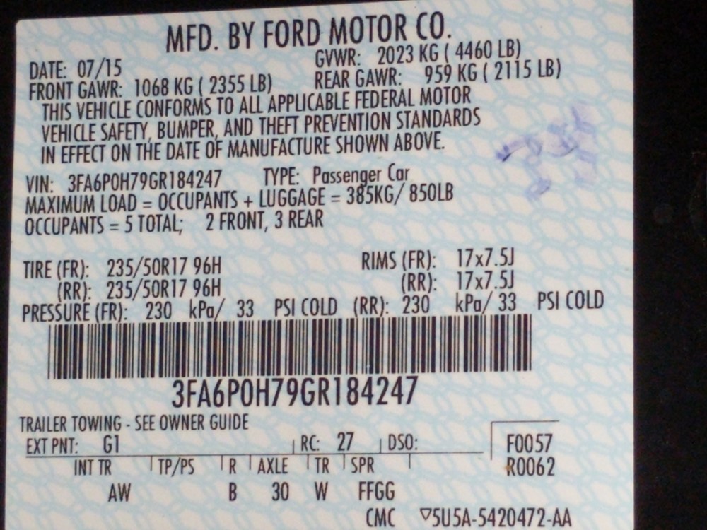 2016 Ford Fusion - VIN Plate