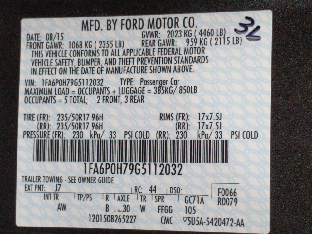 2016 Ford Fusion - VIN Plate