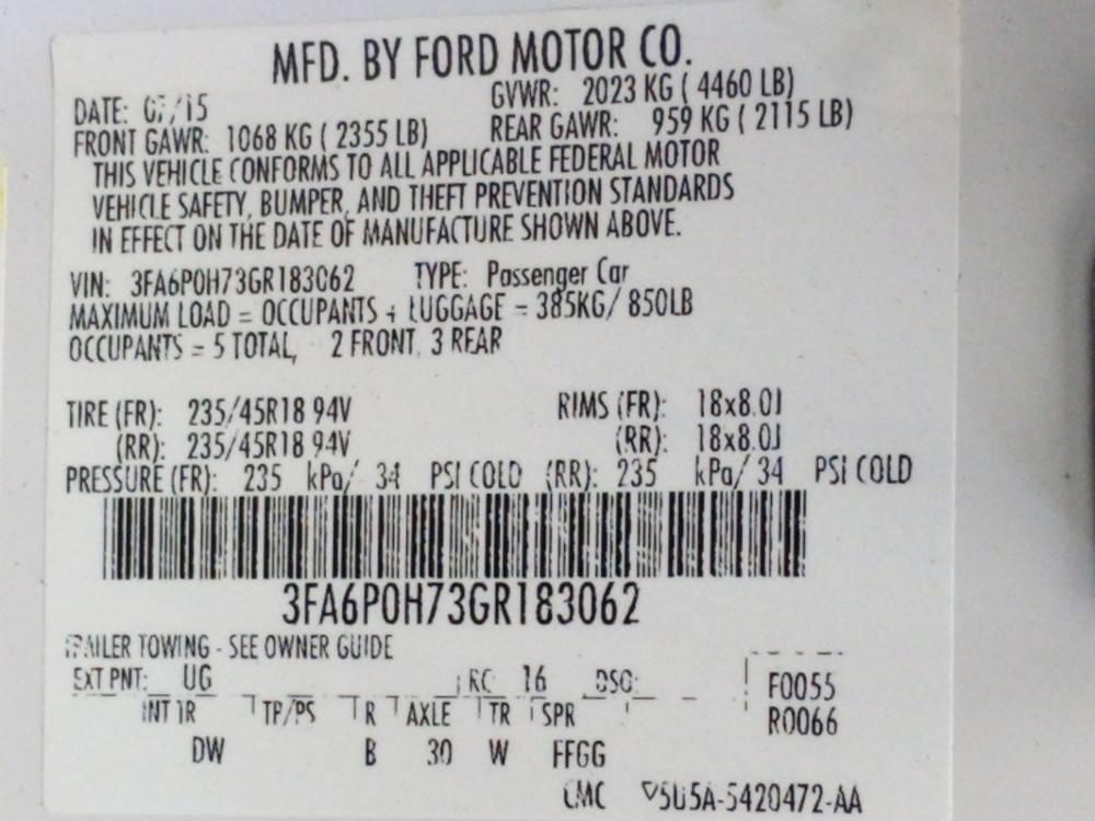 2016 Ford Fusion - VIN Plate