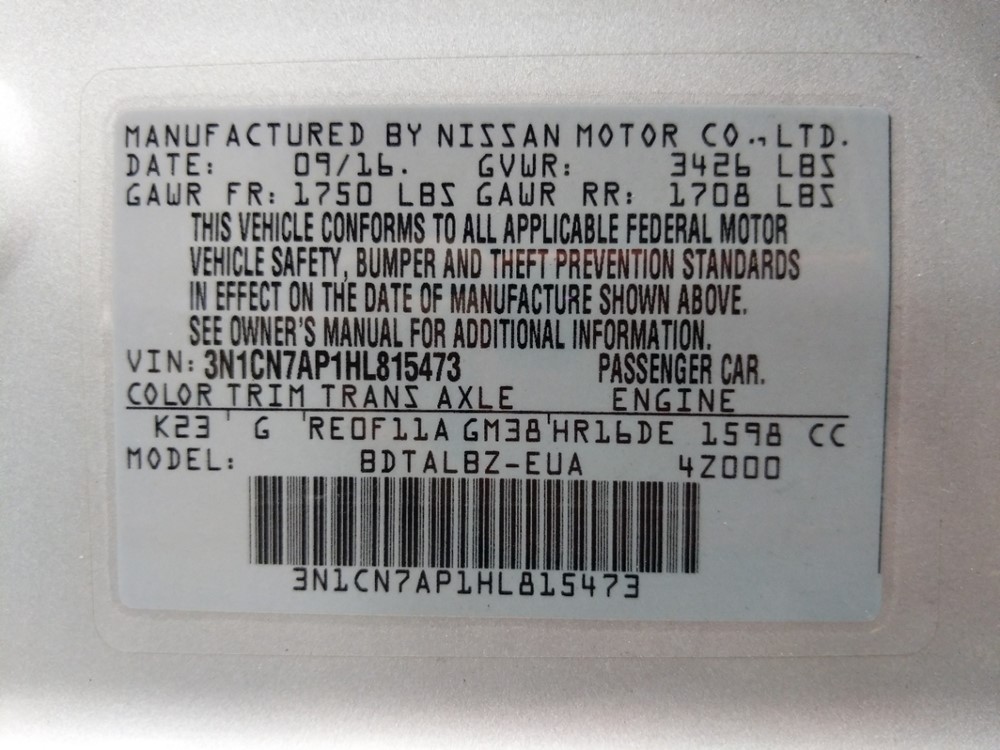 2017 Nissan Versa - VIN Plate