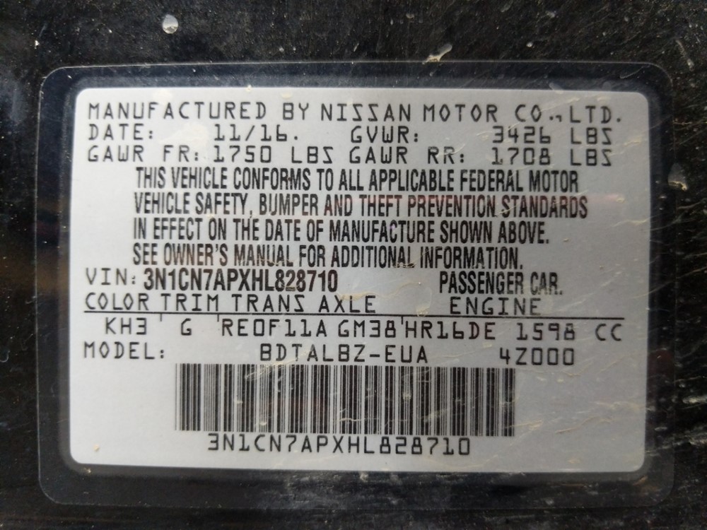 2017 Nissan Versa - VIN Plate