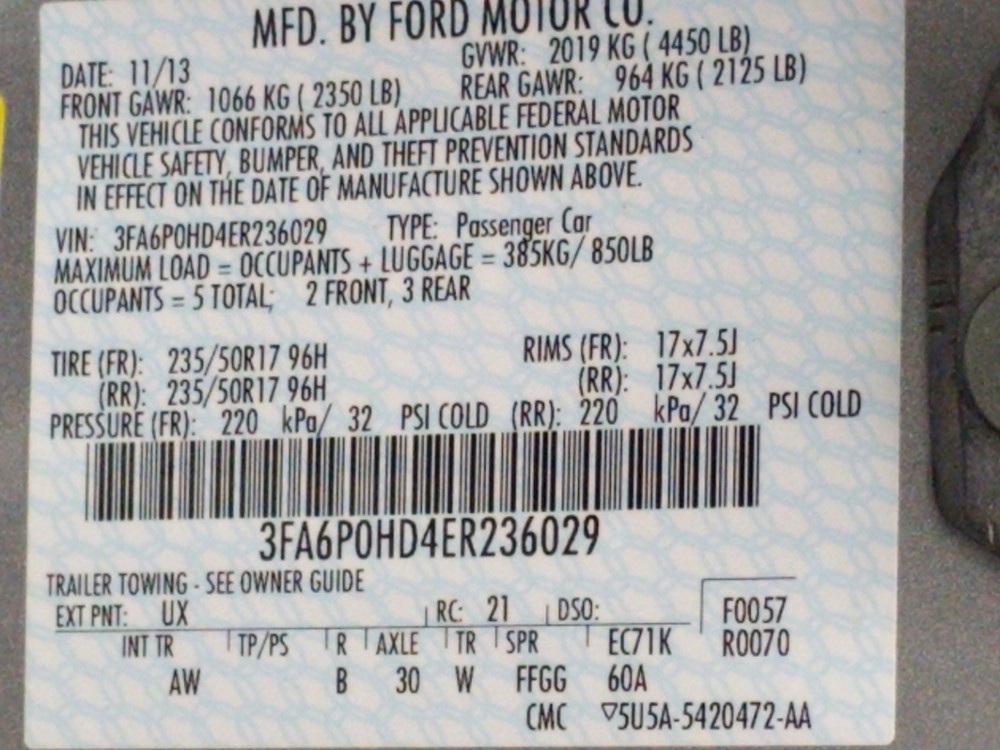 2014 Ford Fusion - VIN Plate