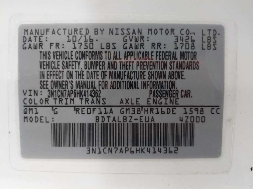 2017 Nissan Versa - VIN Plate