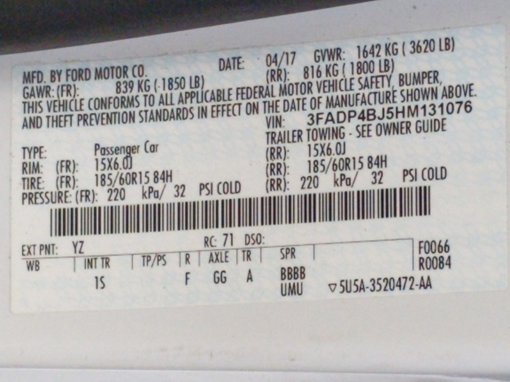 2017 Ford Fiesta - VIN Plate