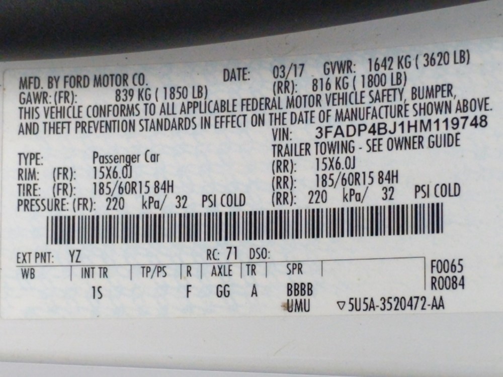 2017 Ford Fiesta - VIN Plate