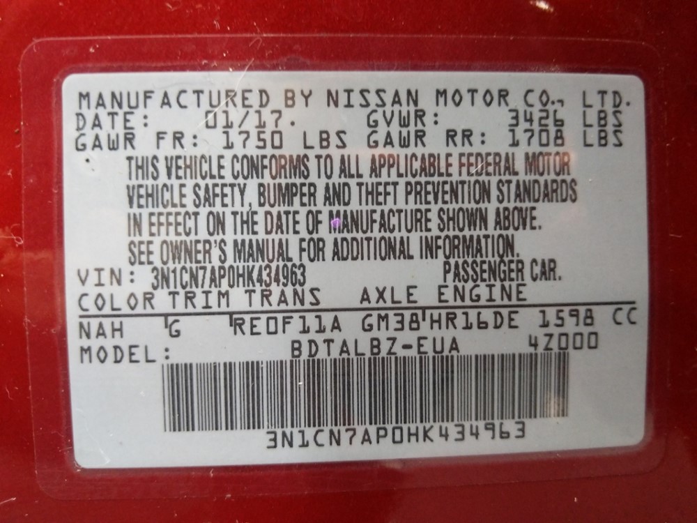 2017 Nissan Versa - VIN Plate