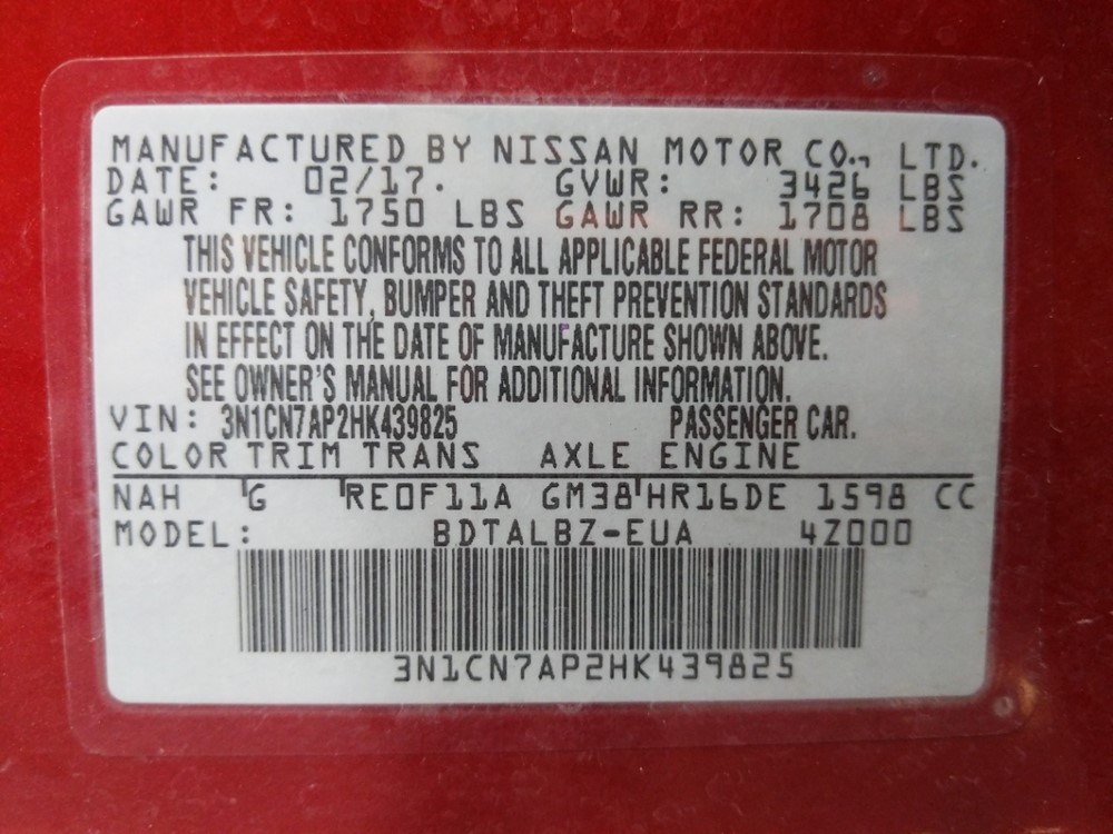 2017 Nissan Versa - VIN Plate