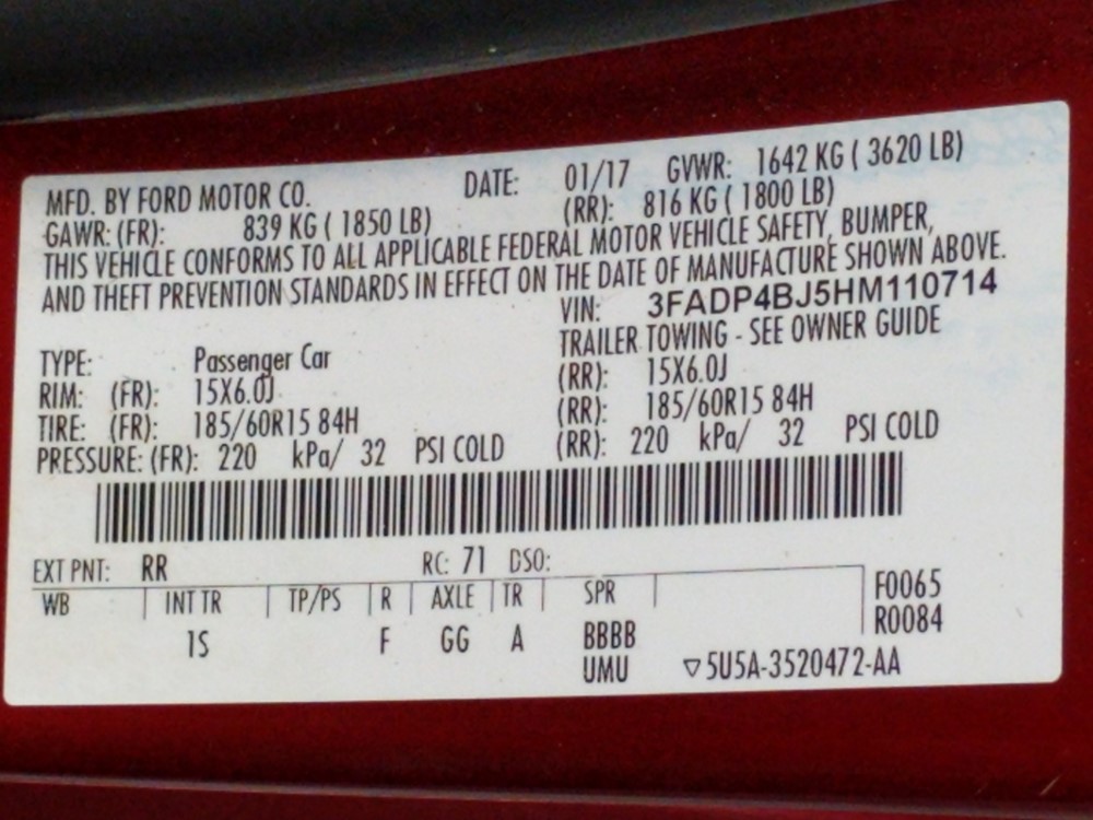 2017 Ford Fiesta - VIN Plate